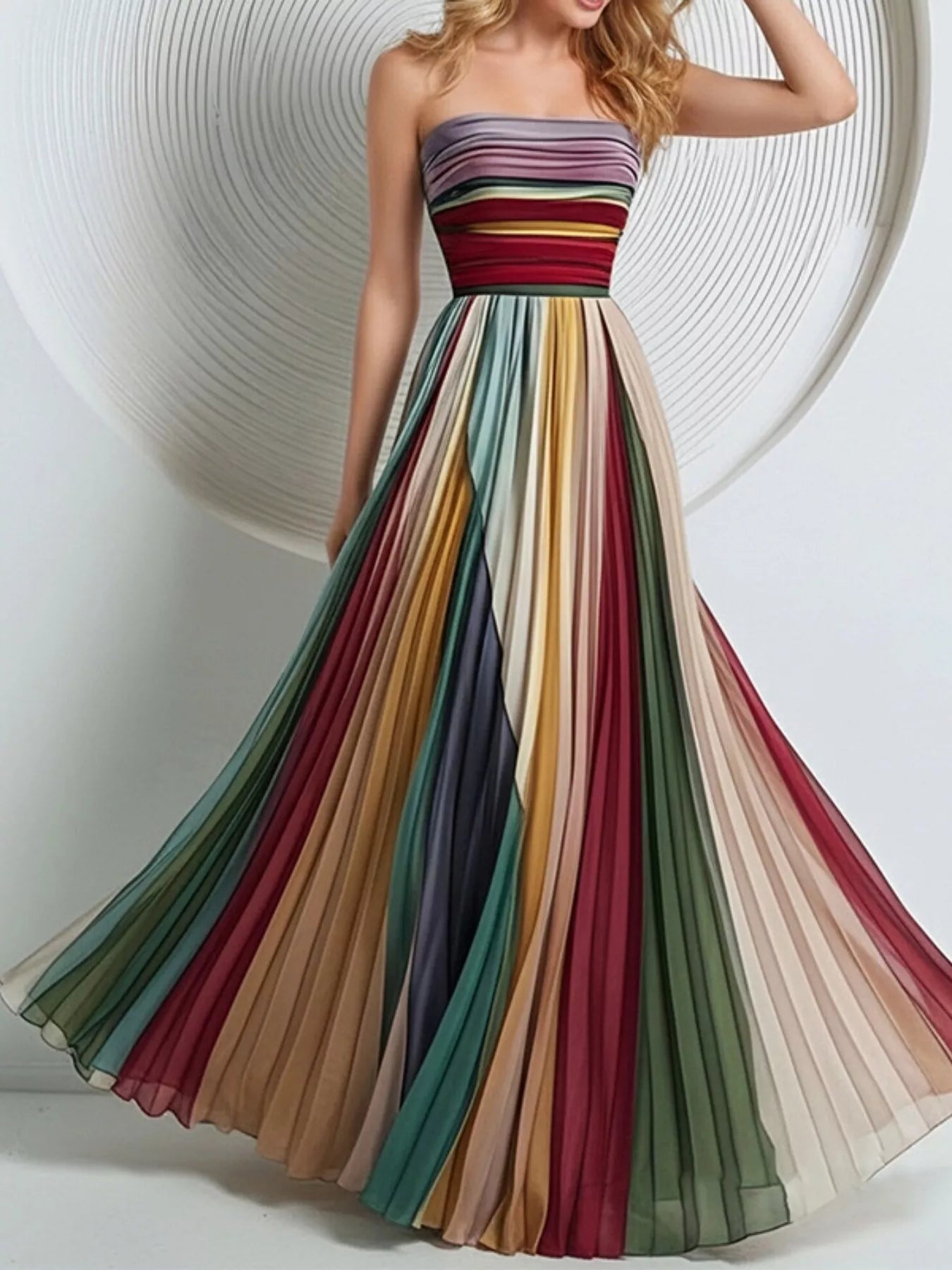 Striped pleated tube maxi dress from Shopiebay featuring vertical stripes and flowing fabric, perfect for summer or casual wear.