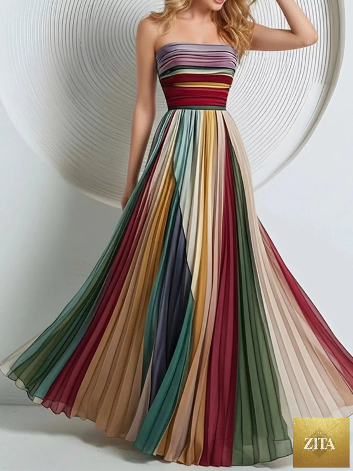 Striped pleated tube maxi dress from Shopiebay featuring vertical stripes and flowing fabric, perfect for summer or casual wear.