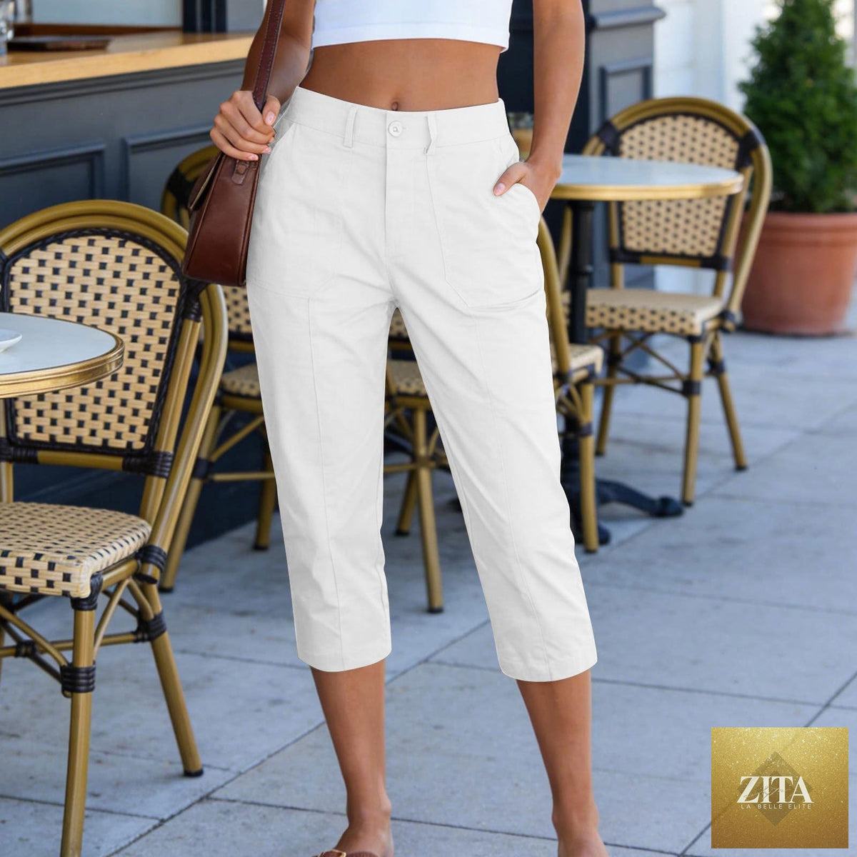 Women’s solid color high waist cargo capris with patch pockets, summer casual cropped pants by Sell My Stuff.