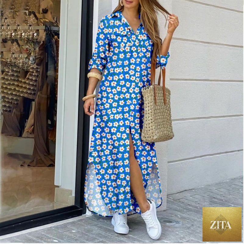 Women's floral print midi shirt dress with lapel collar, relaxed fit, from Zita La Belle Elite.