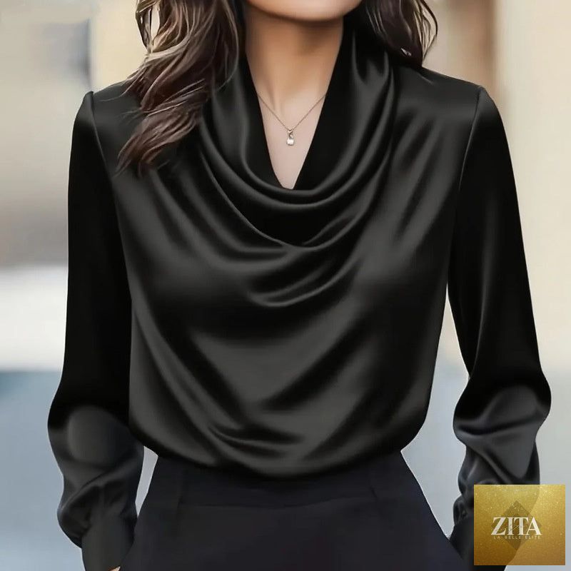 Women's elegant draped neck blouse by FitiqueFit, casualwear style, showcasing soft fabric and stylish neckline detail.