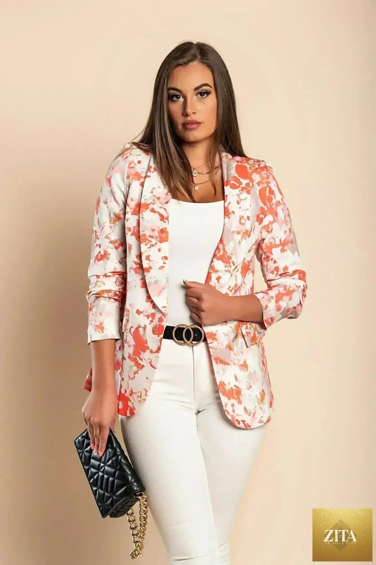 Rose pink long blazer with 3/4 sleeves by Femstylo, Italian-made women's clothing, shown on a model.