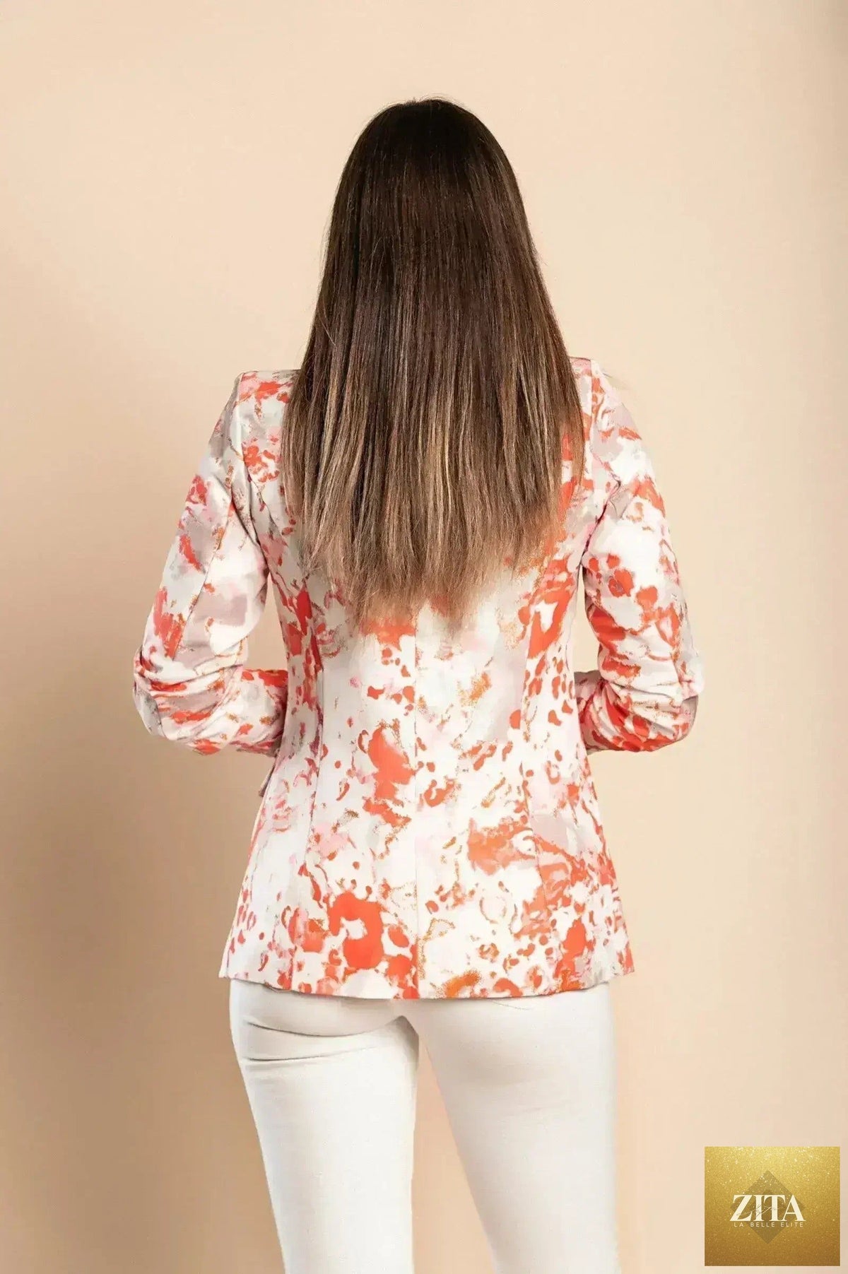 Rose pink long blazer with 3/4 sleeves from Femstylo, Italian-made women's clothing, shown on a model against a neutral background.