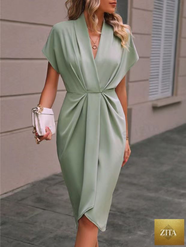 FitiqueFit pleated A-line midi dress with V-neck and sleeveless design, perfect for summer, displayed on a hanger.