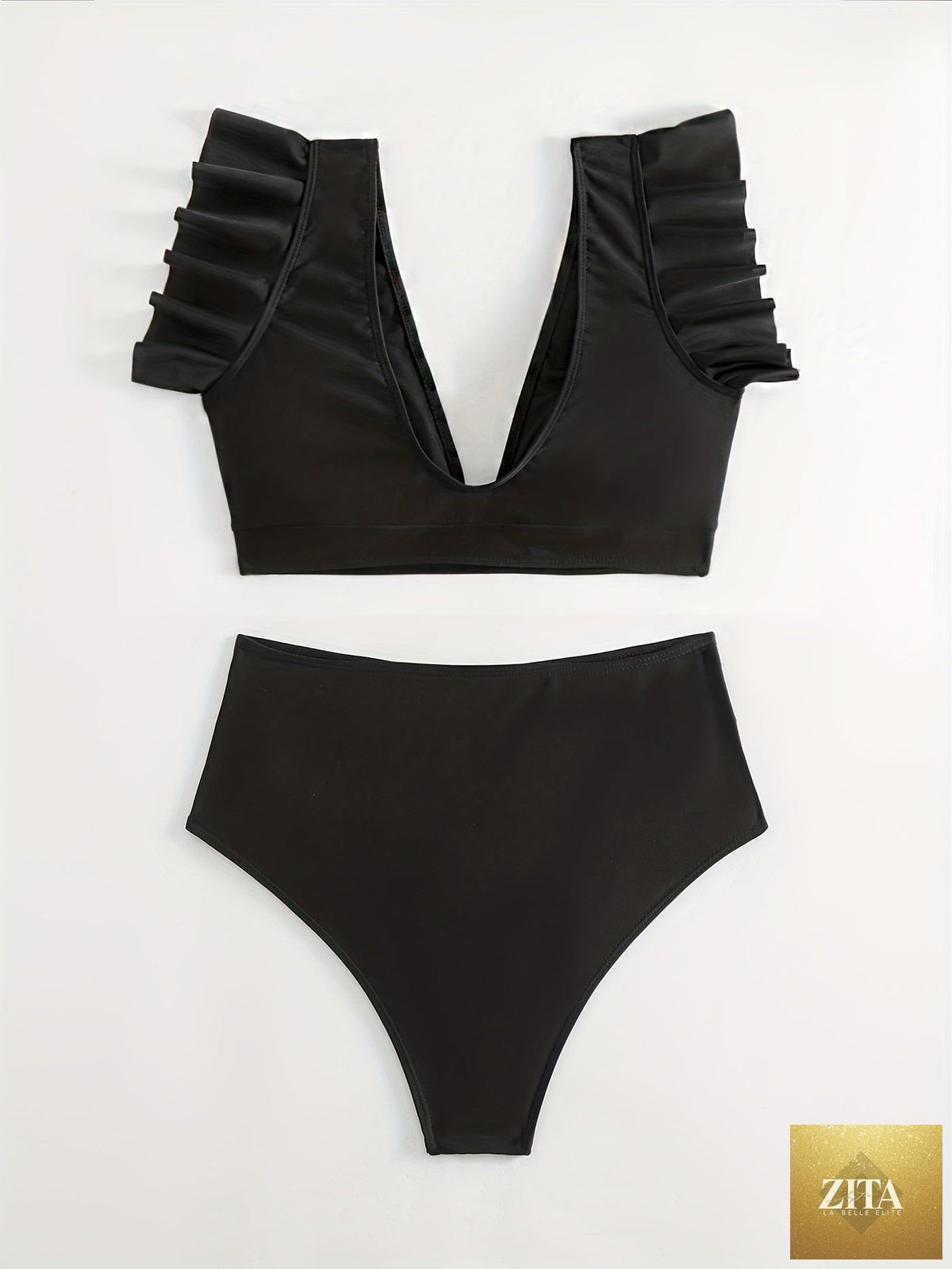 Black solid color bikini set with ruffle V-neck top and high-waisted lettuce trim bottoms, made of stretchy fabric for beach and pool days.