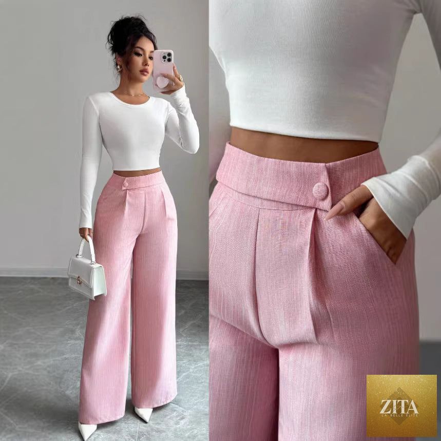 Women's high-waist straight-leg pants by Zita La Belle Elite in solid color with button detail, full-length view.