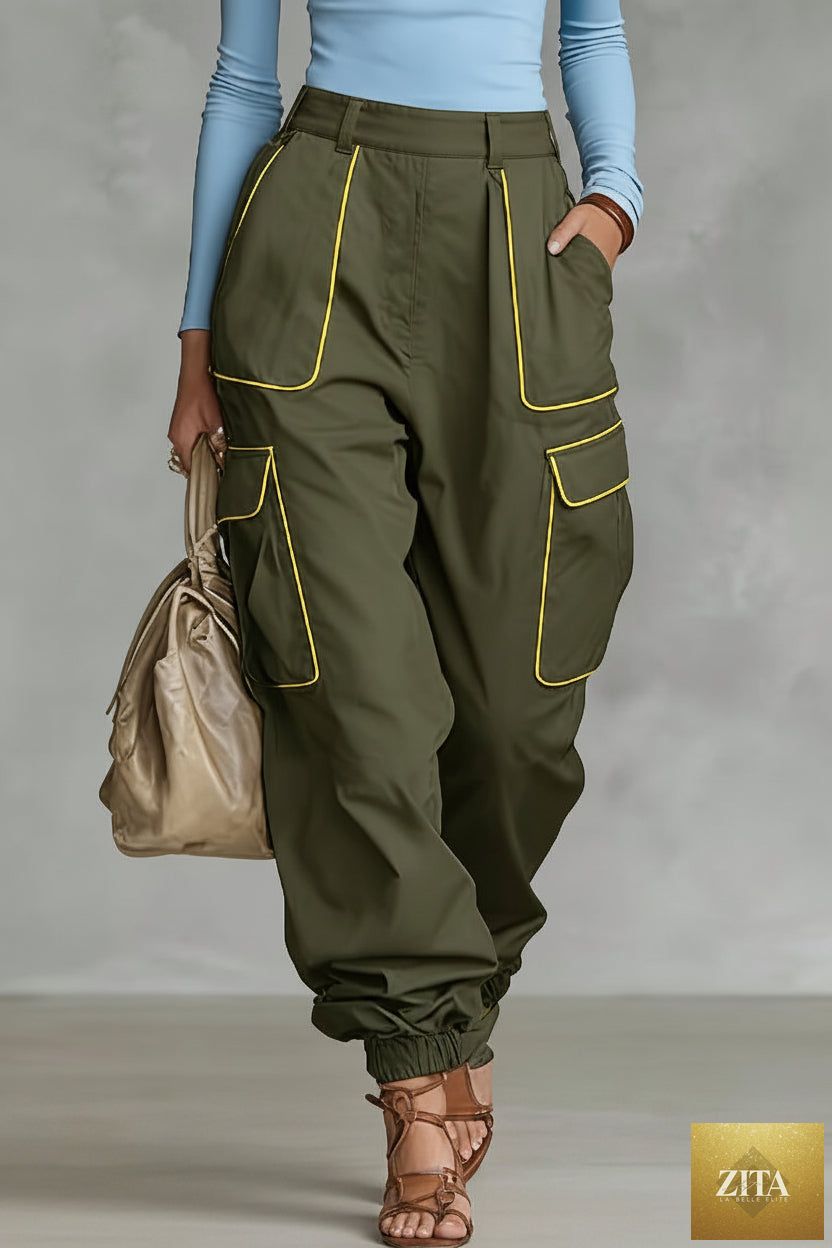 Women's high waist cargo work pants with multiple pockets and tapered fit, casualwear by FitiqueFit displayed on model.