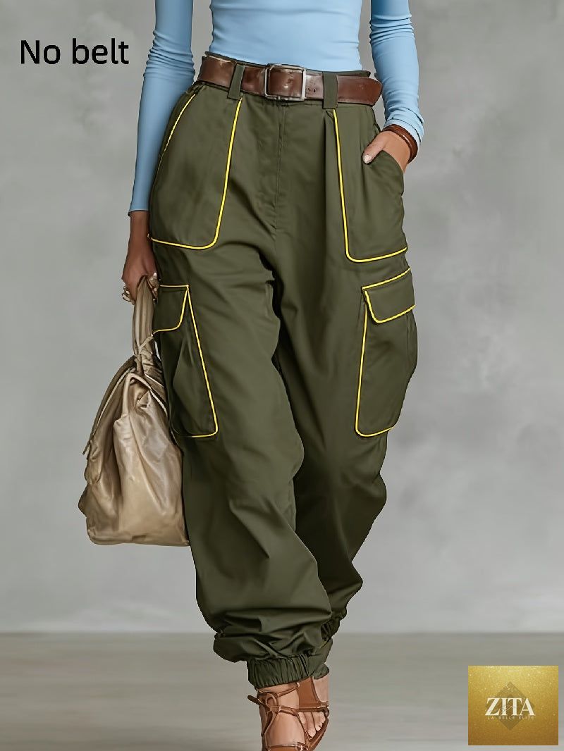 Women's high waist cargo work pants by FitiqueFit, tapered casual trousers with multiple functional pockets, shown in tan fabric.