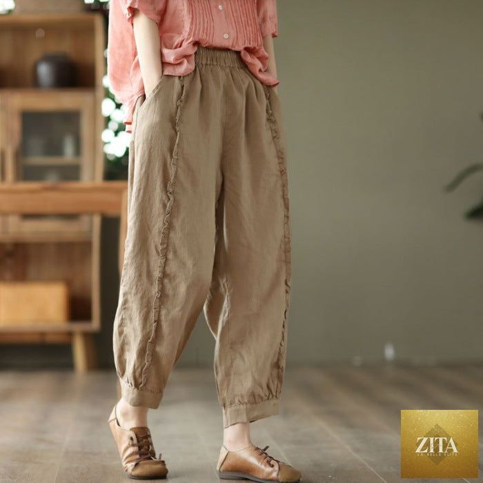 Women's high-waist solid-color Capri harem pants by Zita La Belle Elite, showcasing relaxed casualwear style and comfortable fit.