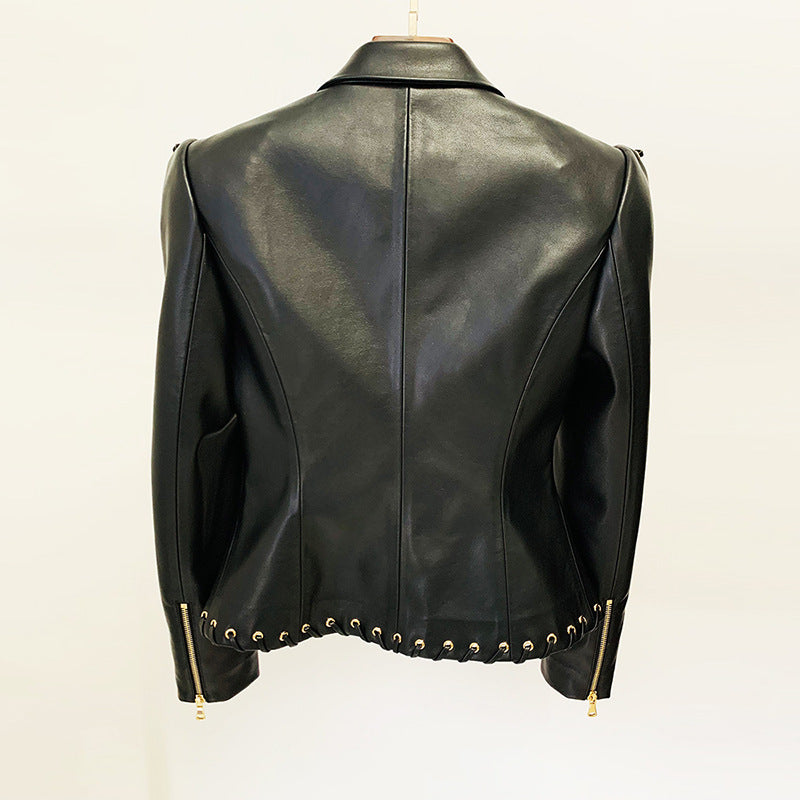 Fashion Heavy Industry Eyelet Rope Slim-fit Leather Coat Suit Jacket