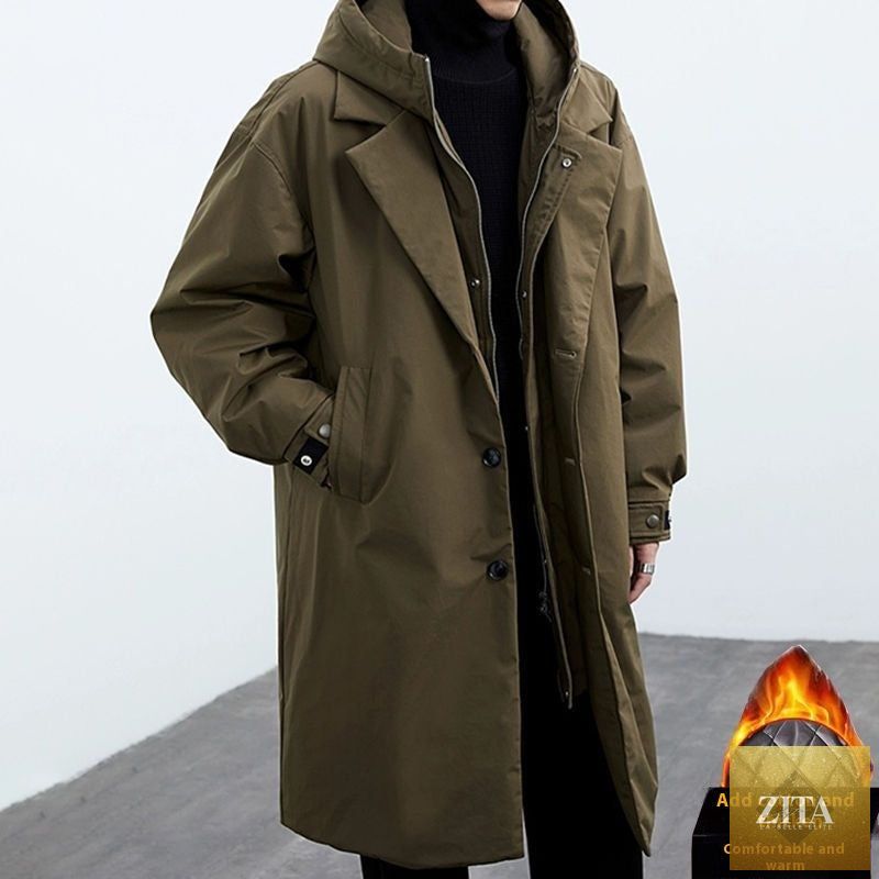Men's hooded mid-length trench coat by LadyShow.Store, featuring a false two-piece design and stylish, lightweight fabric.