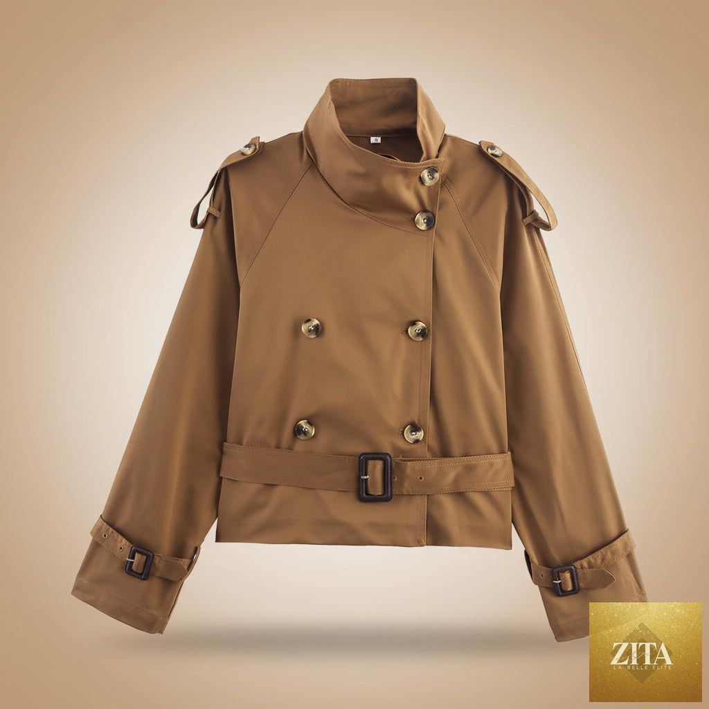 Women's FitiqueFit short trench coat with notch collar, belt buckle detail, and lightweight jacket style.