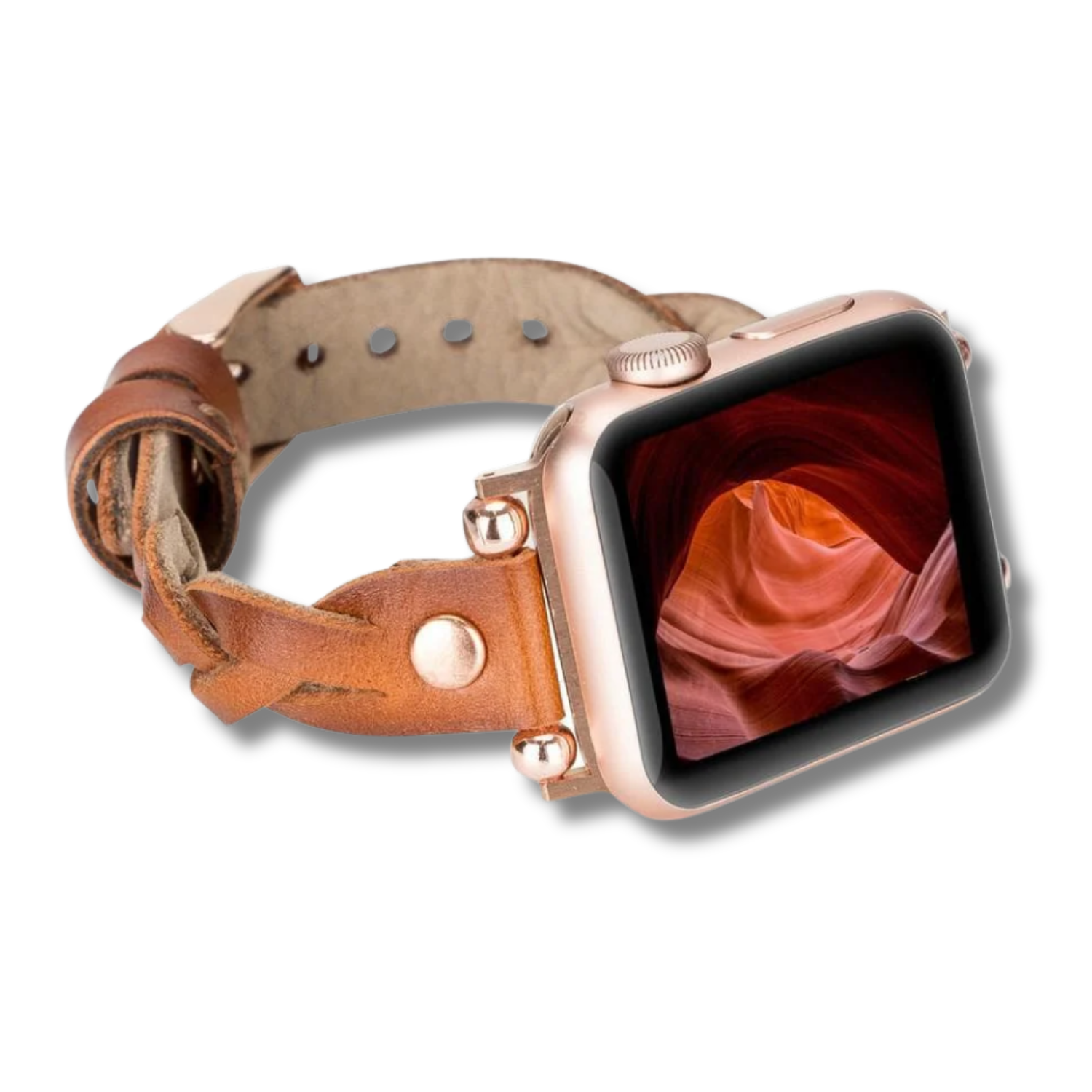 Leather Apple Watch band by LEATHERE in brown with braided design, designed for stylish comfort and secure fit.