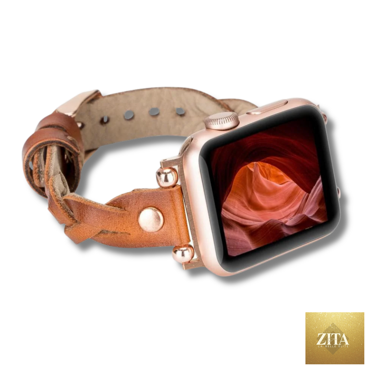 Leather Apple Watch band by LEATHERE in brown with braided design, designed for stylish comfort and secure fit.