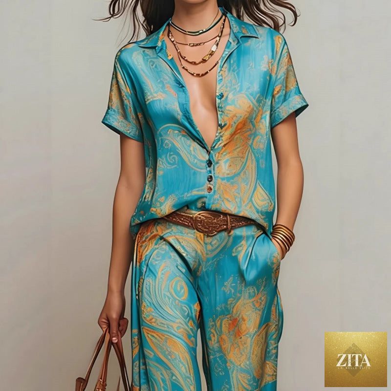 Women's Bohemian printed resort two-piece set with 3/4 sleeve shirt and pants from Zita La Belle Elite, casualwear for warm weather.