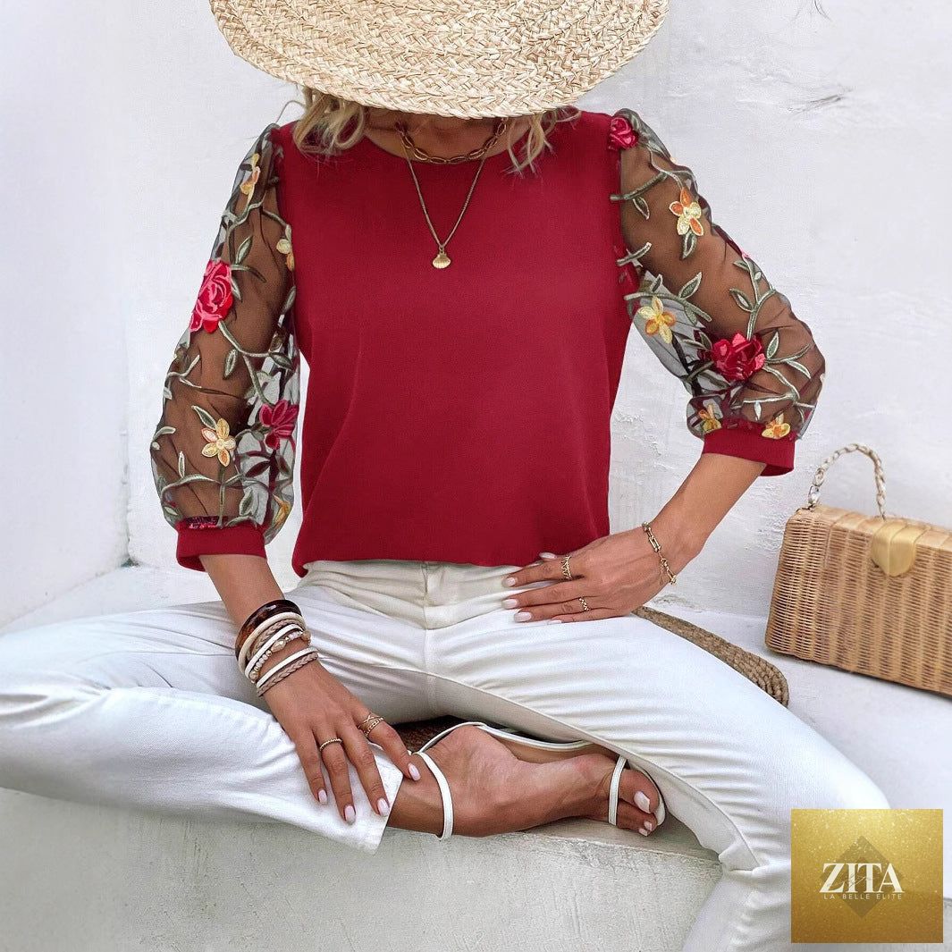 Women's mesh patchwork three-quarter sleeve casual top by Zita La Belle Elite, featuring a stylish and breathable design.