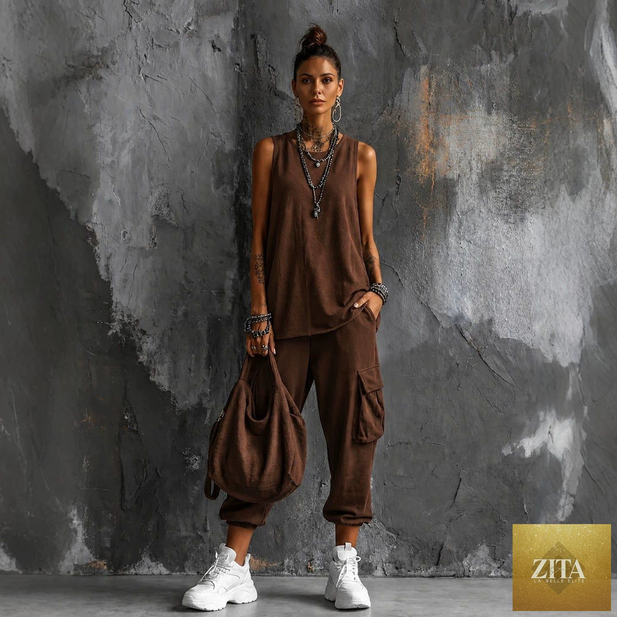 Zita La Belle Elite women's sleeveless tank top and cropped ankle pants two-piece set in soft, lightweight fabric.