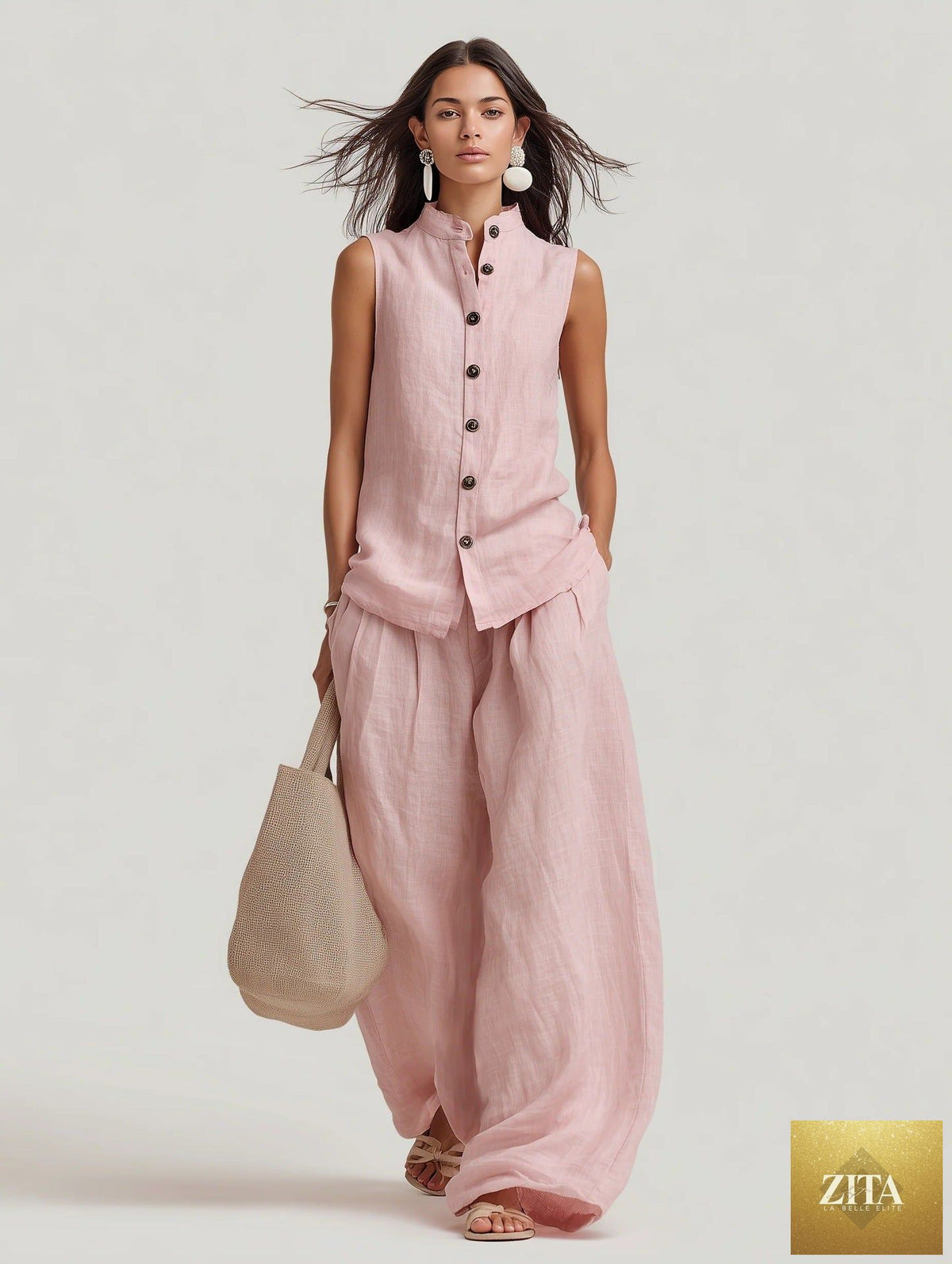 Zita La Belle Elite women's casual sleeveless top with stand collar and high-waist wide-leg pants set, stylish and comfortable.