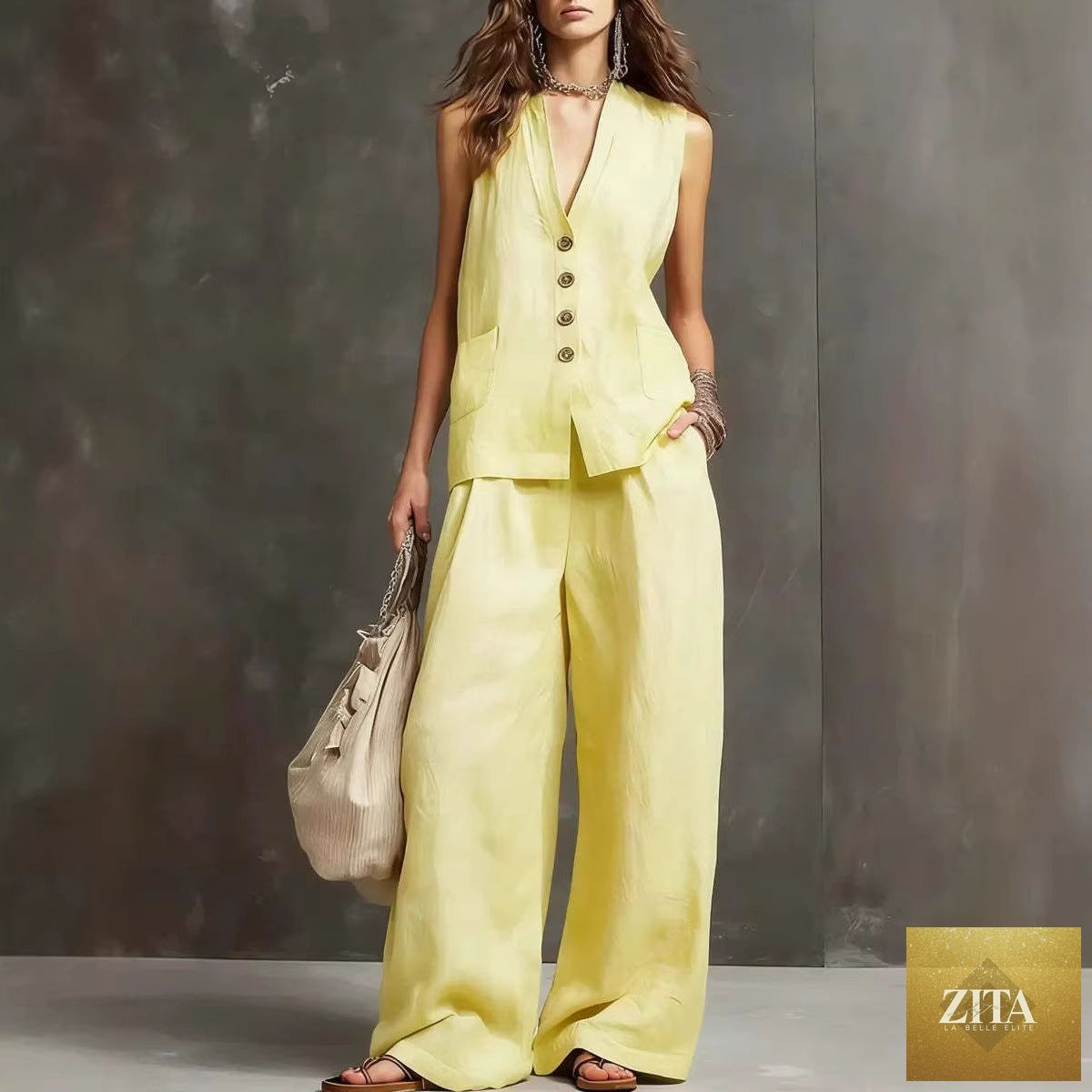 Women's sleeveless vest and wide-leg pants two-piece set by Zita La Belle Elite, casualwear in multiple colors, styled together.