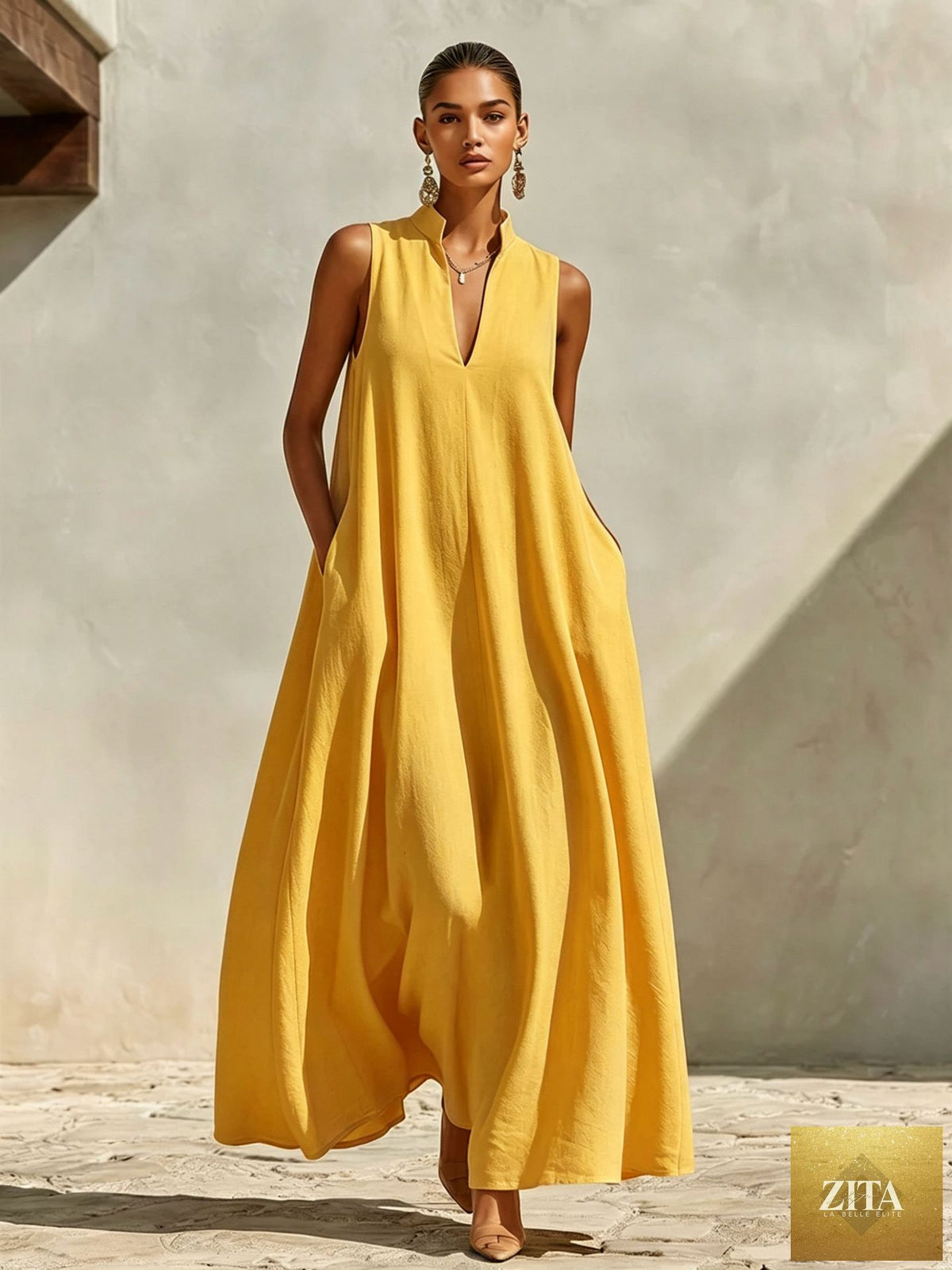 Linen blend sleeveless maxi dress with stand collar in multiple colors, featuring a flowy silhouette from FitiqueFit.