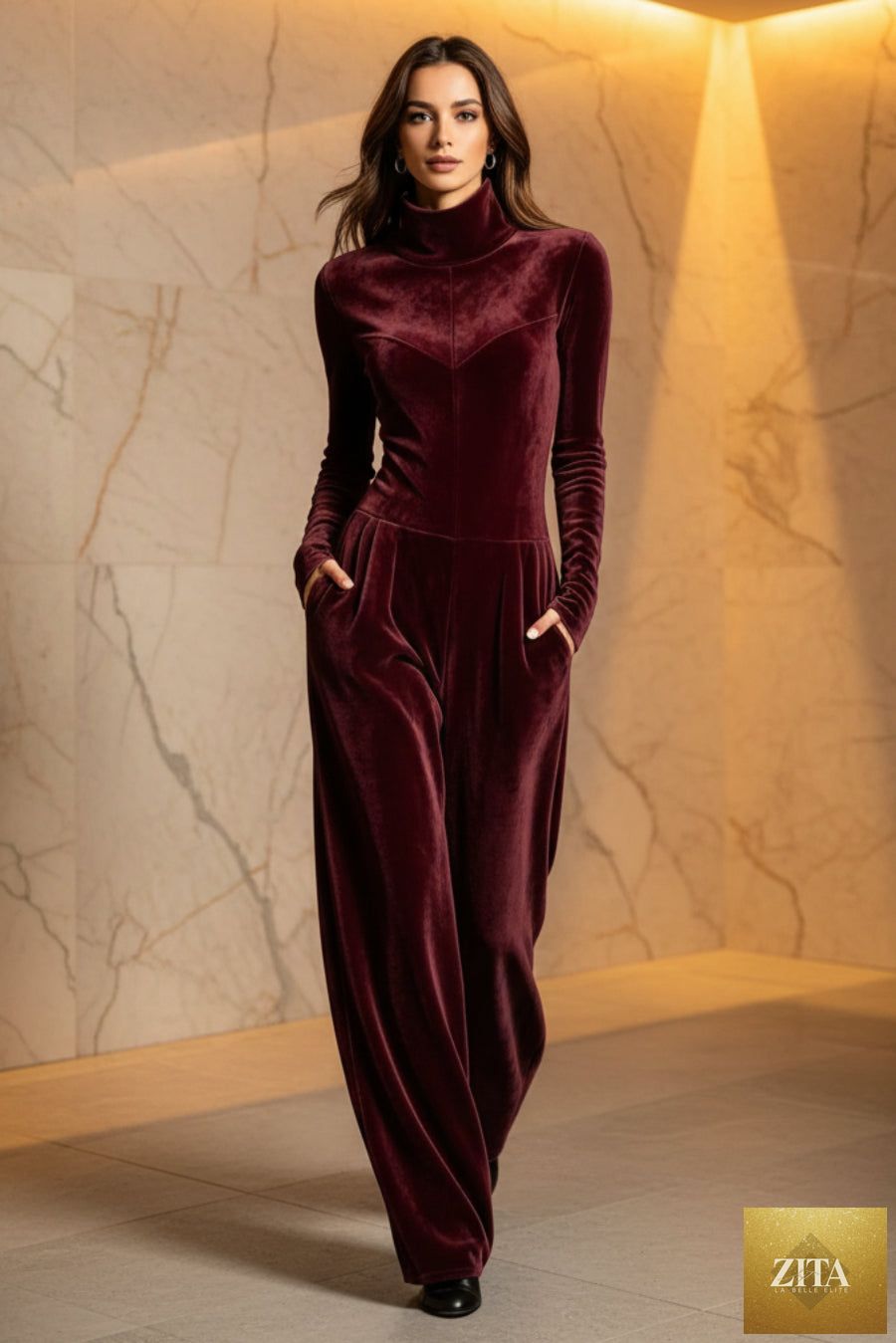 Women's Velvet Mock Turtleneck Chevron-Seam Fitted Bodice Balloon-Leg Jumpsuit