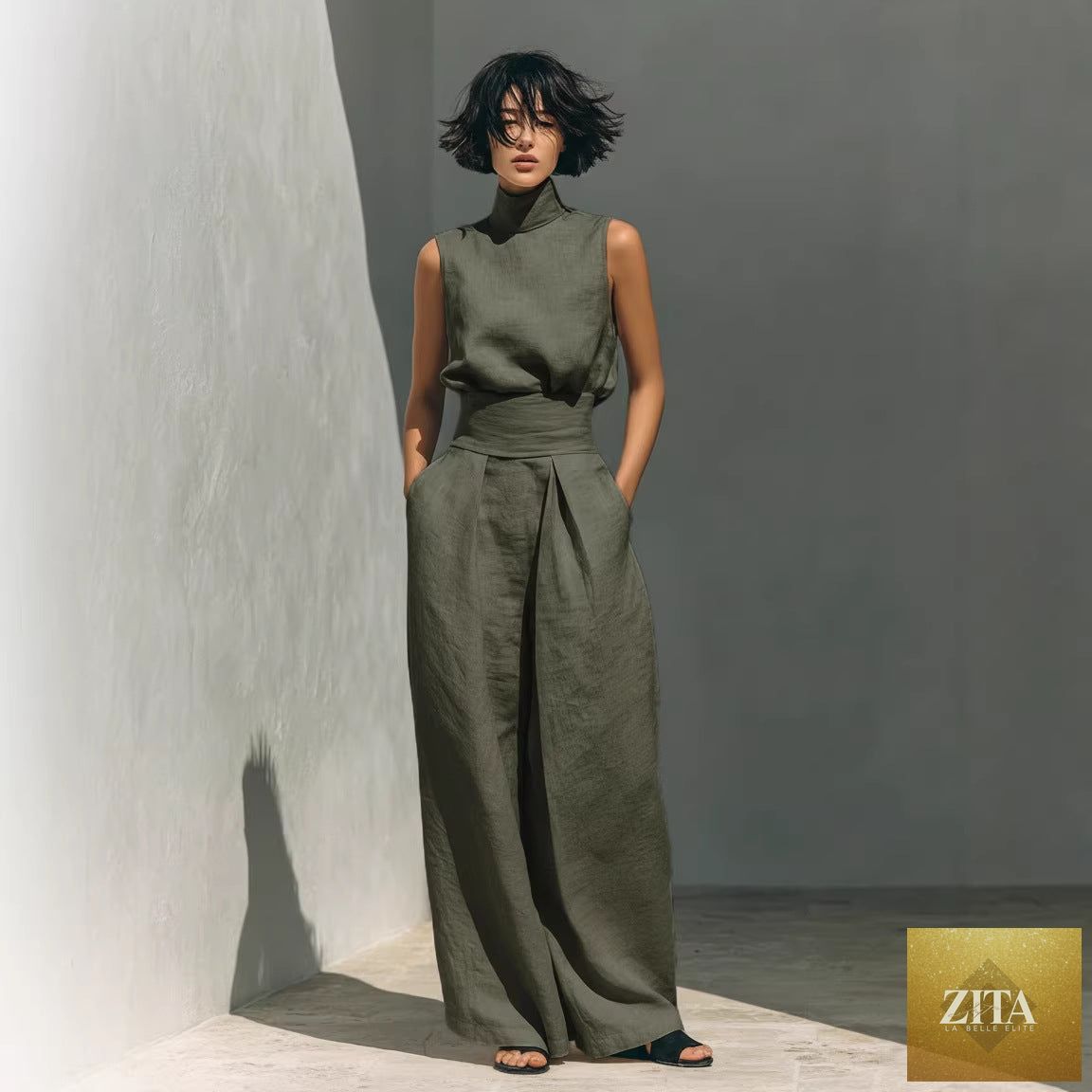 Women’s cotton linen two-piece casualwear set by Zita La Belle Elite, sleeveless top and wide-leg pants, perfect for relaxed summer days.