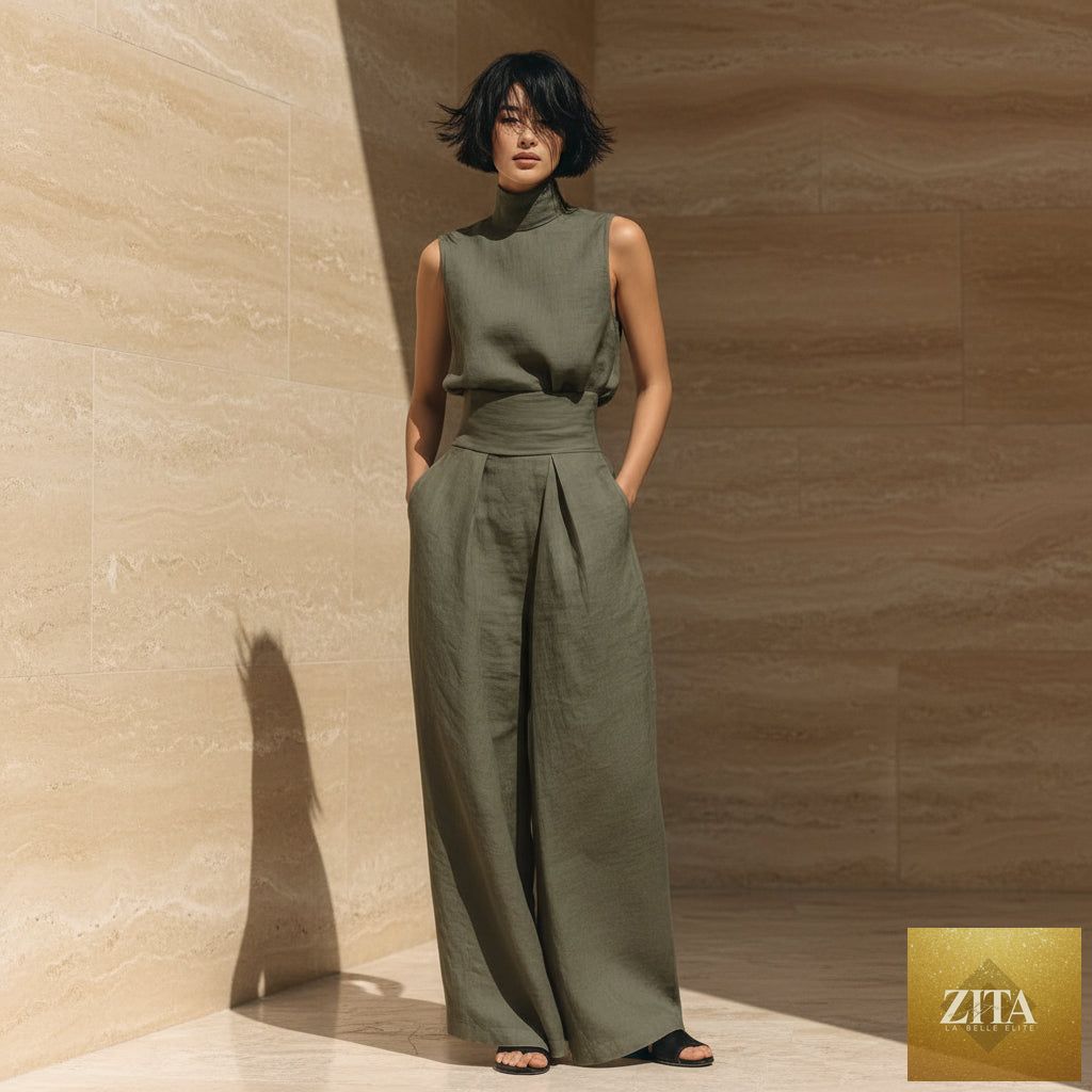 Women's linen-blend high-neck sleeveless top and wide-leg pants set by MERIDGE, styled together in a two-piece outfit.