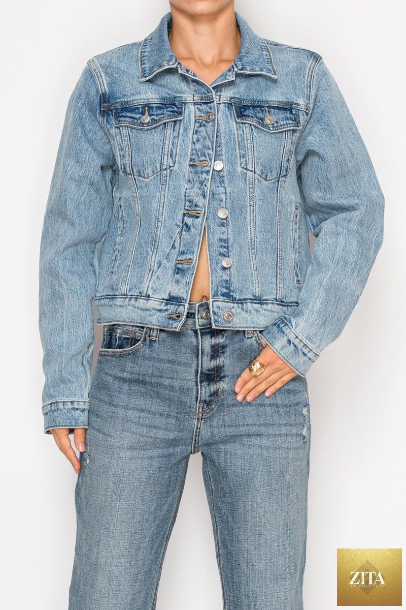 Artemis Vintage Michelle Classic Denim Jacket showing fitted style, button front, and traditional blue denim fabric.