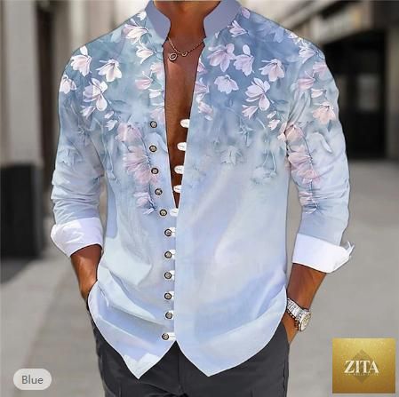 Mandotos men's fashion 3D printed shirt top with vibrant geometric pattern, long sleeves, and classic collar.