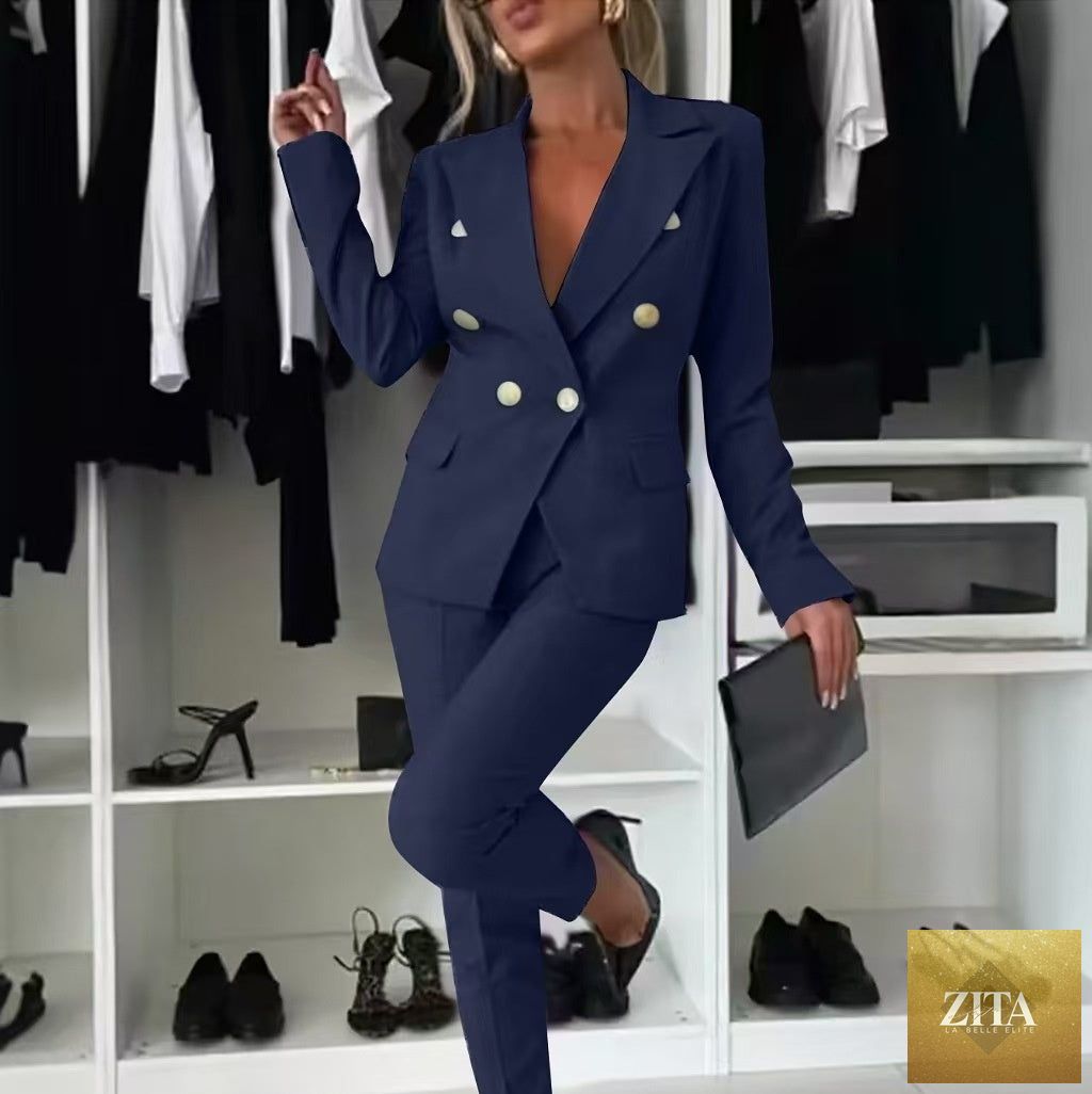 FitiqueFit double-breasted lapel blazer and zip-up trousers two-piece suit, stylish and tailored for a sleek professional look.