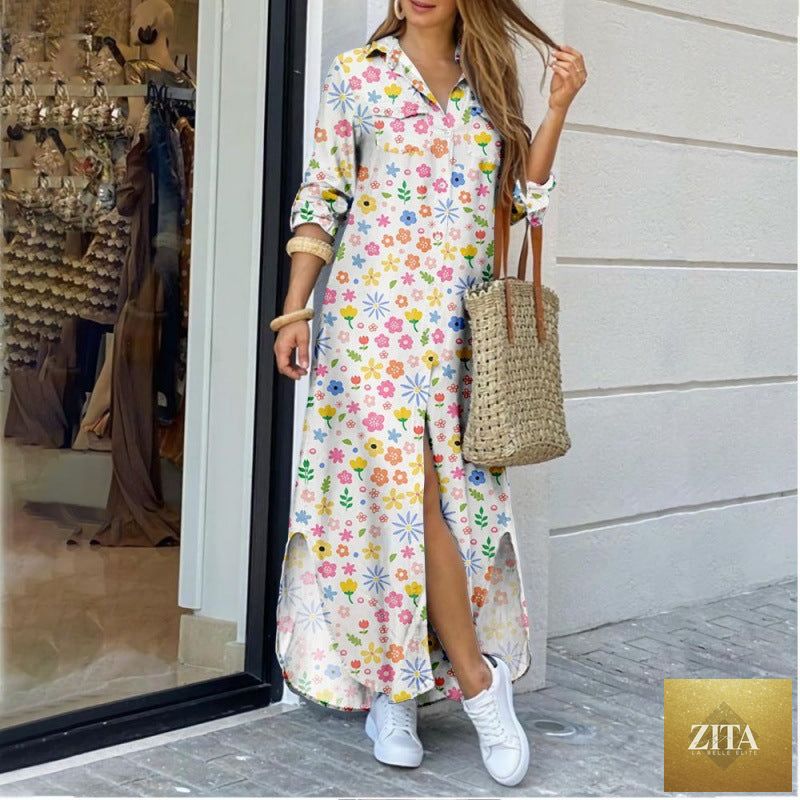 Women's floral print midi shirt dress with lapel collar and relaxed fit by Zita La Belle Elite, shown in a stylish, flowing design.