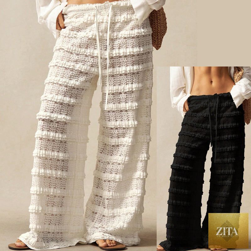 Women's lace jacquard wide-leg pants with hollow-out ruffle patchwork and tie-up details by FitiqueFit.