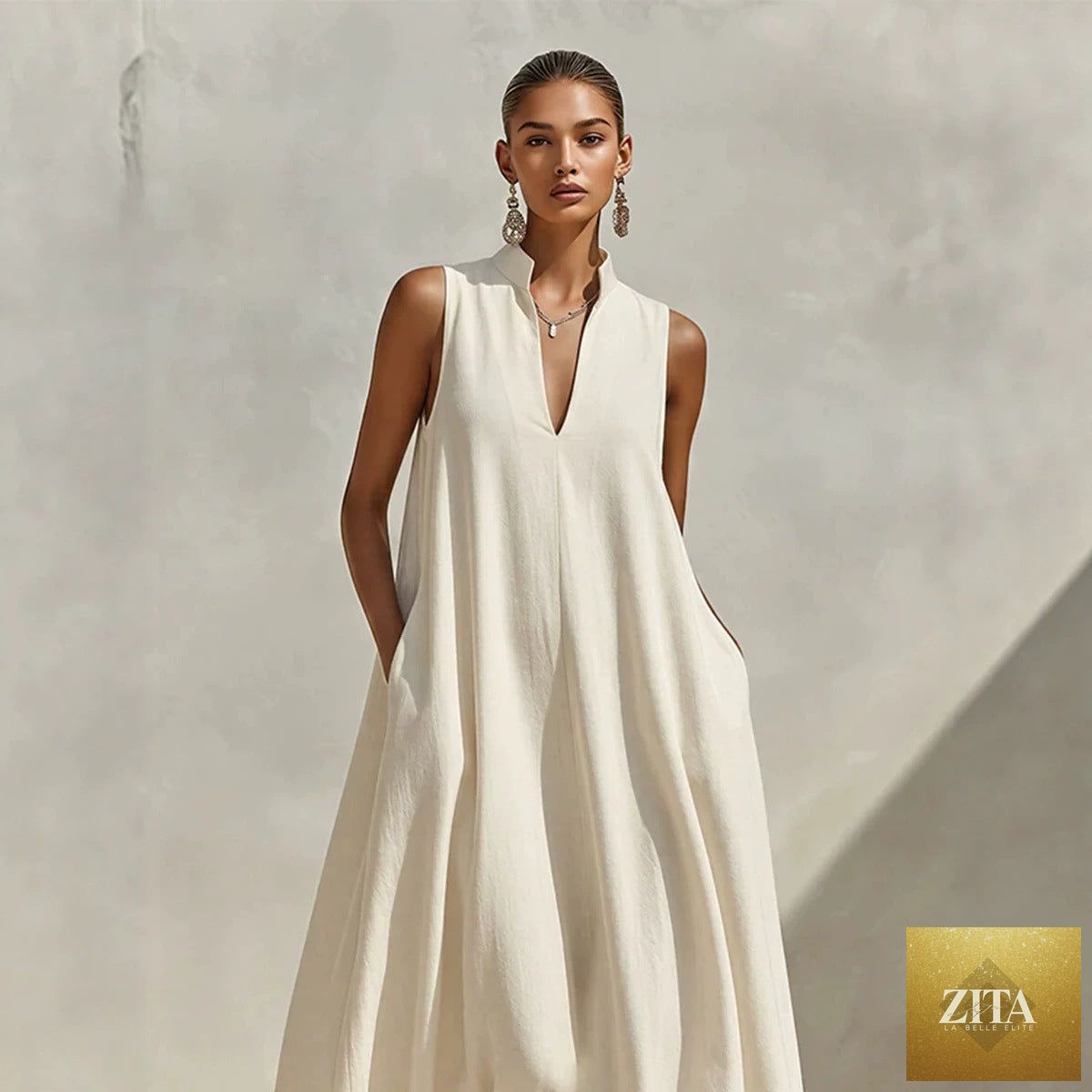 Linen blend sleeveless maxi dress with stand collar by FitiqueFit in five colors, available in sizes S to 3XL.