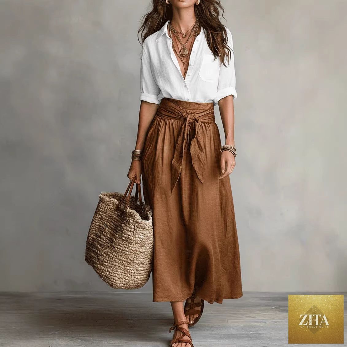 FitiqueFit button-down shirt and straight skirt two-piece set, featuring a stylish coordinated outfit on a model.