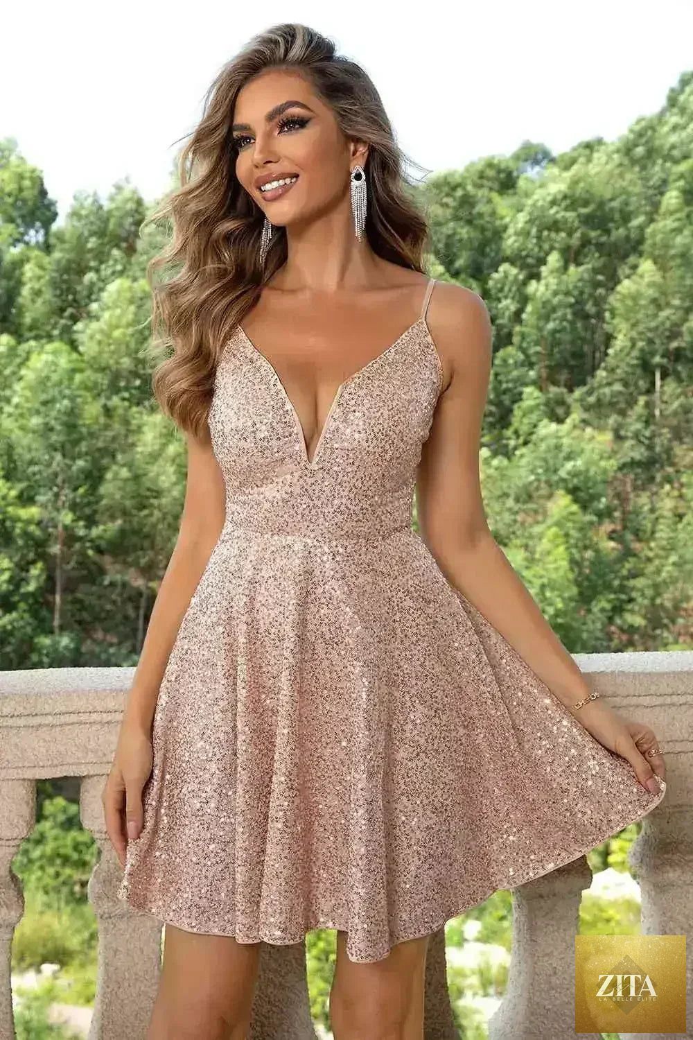 Femstylo sequin spaghetti strap mini dress with sparkling embellishments, perfect for party wear and evening events.