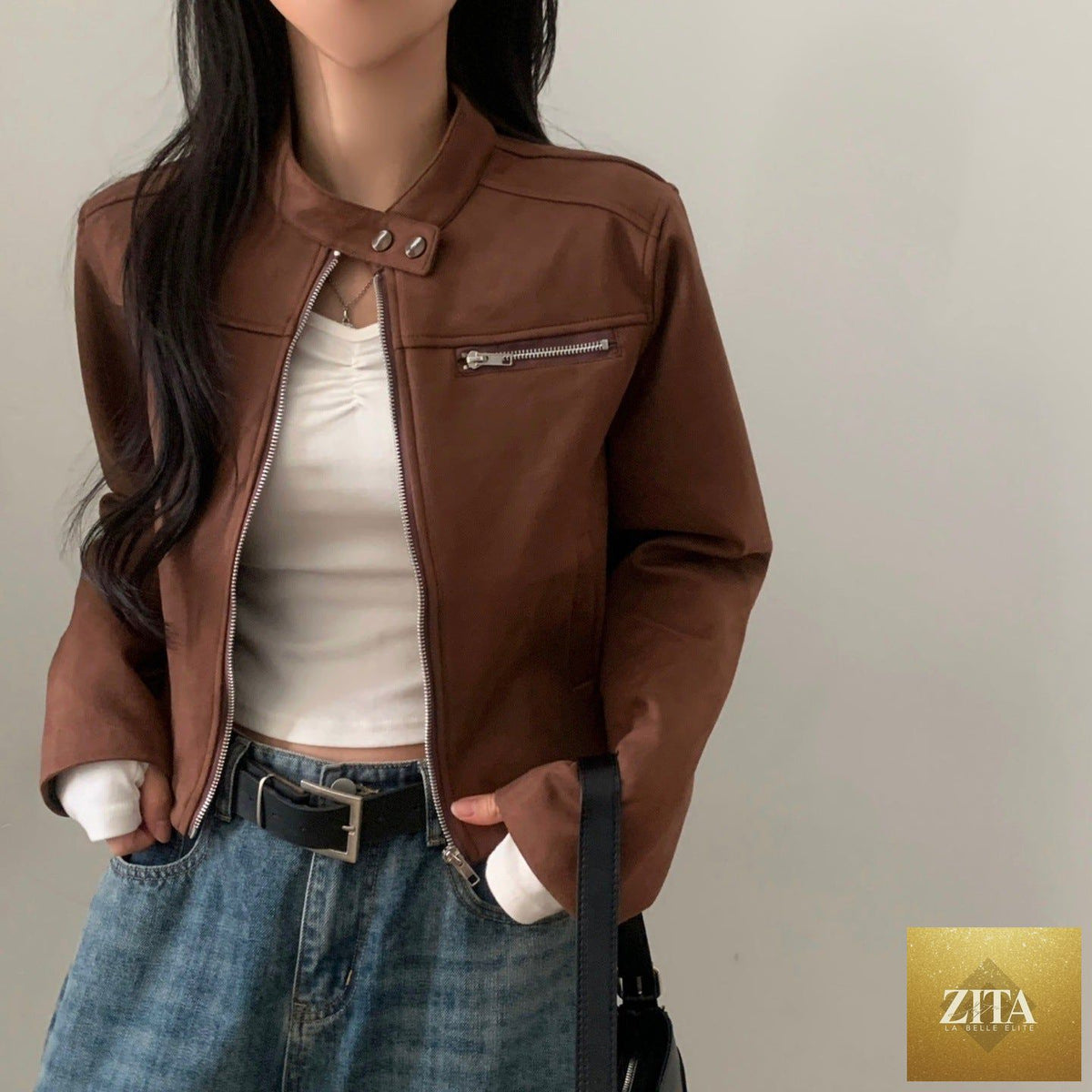 High waist suede motorcycle jacket from LadyShow.Store, featuring a short design with a stylish high collar and zip closure.