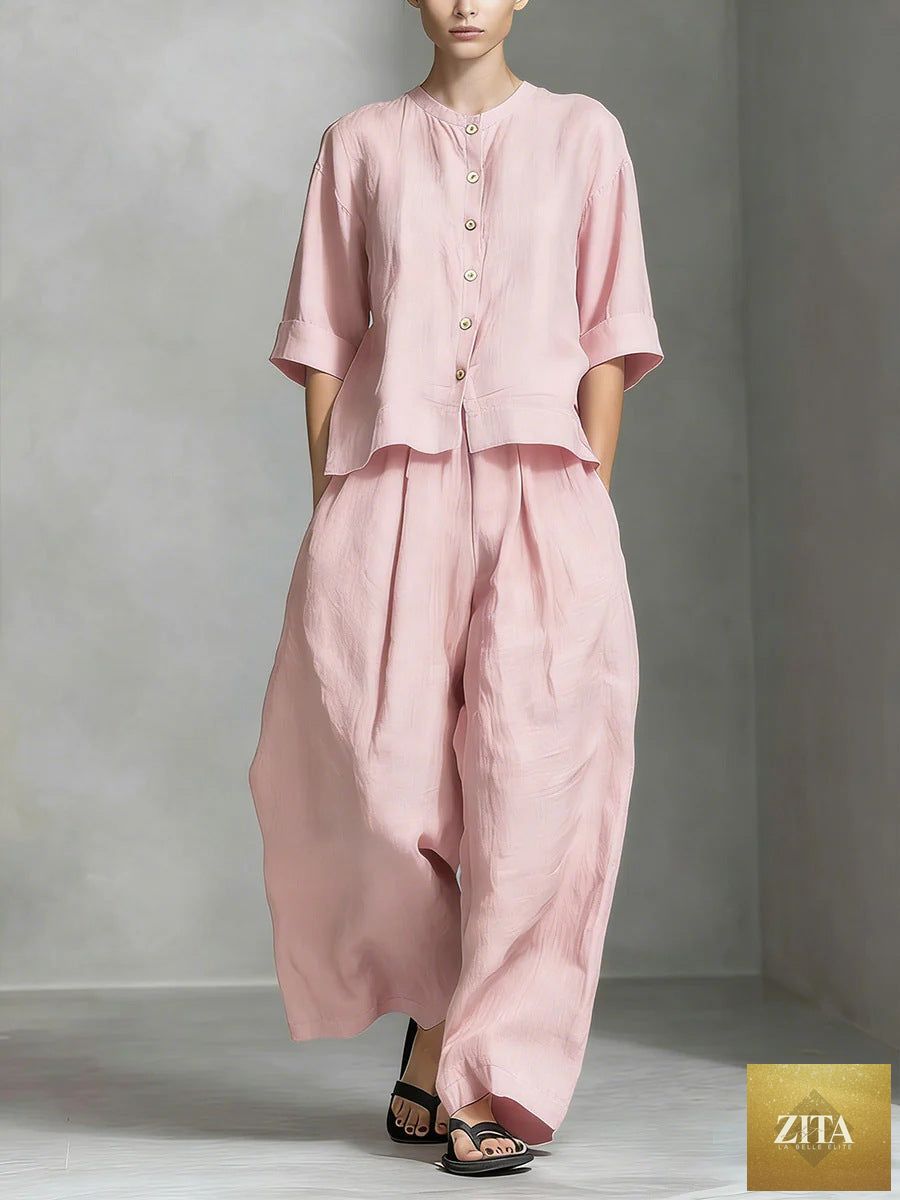 Two-piece set with three-quarter sleeve shirt and loose trousers from FitiqueFit, featuring stylish and comfortable casual wear.