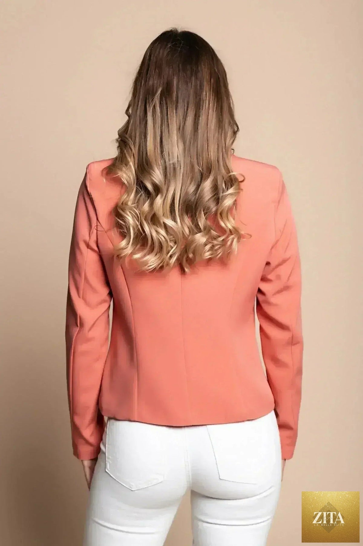 Femstylo Heather Prism Peach Blazer in salmon tone, Italian-made blazer with soft fabric and tailored fit.