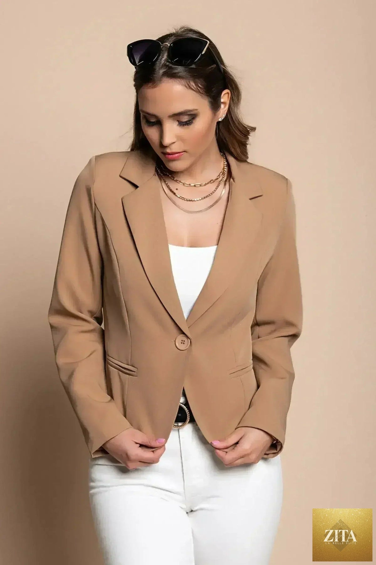 Camel Softina blazer by Femstylo, Italian tailored fit, stylish women's blazer with a sleek, modern design.