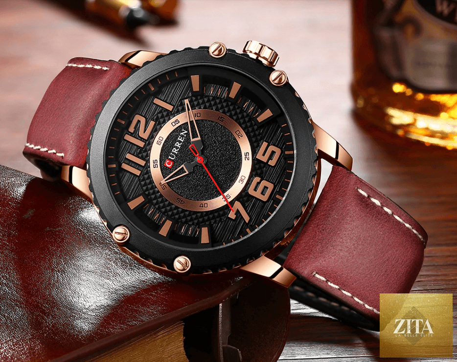 Men's waterproof sport watch by Stevvex with leather belts, large numbered dial, and unique design, perfect for active wear.