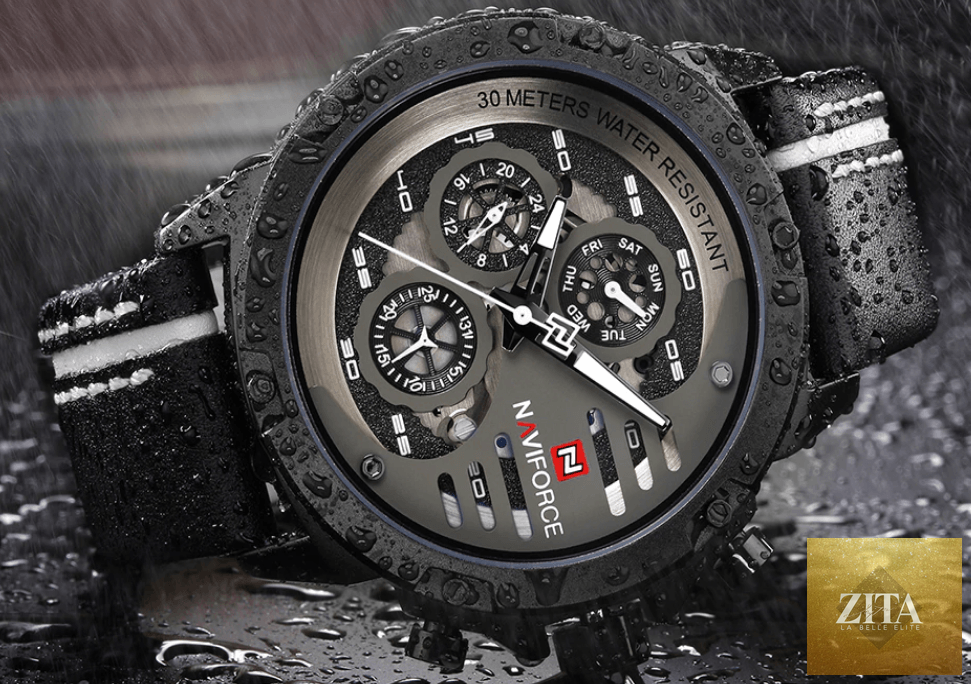 Men's Stevvex waterproof sports watch with leather band, chronometers, multifunction features, and unique design.