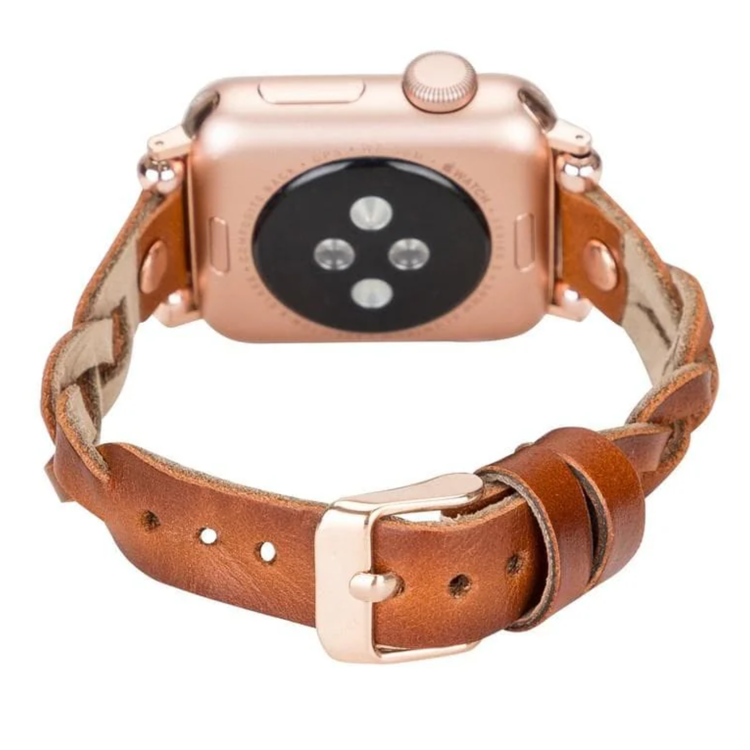 Leather Apple Watch band in brown with braided design by LEATHERE, designed for a stylish and comfortable fit.