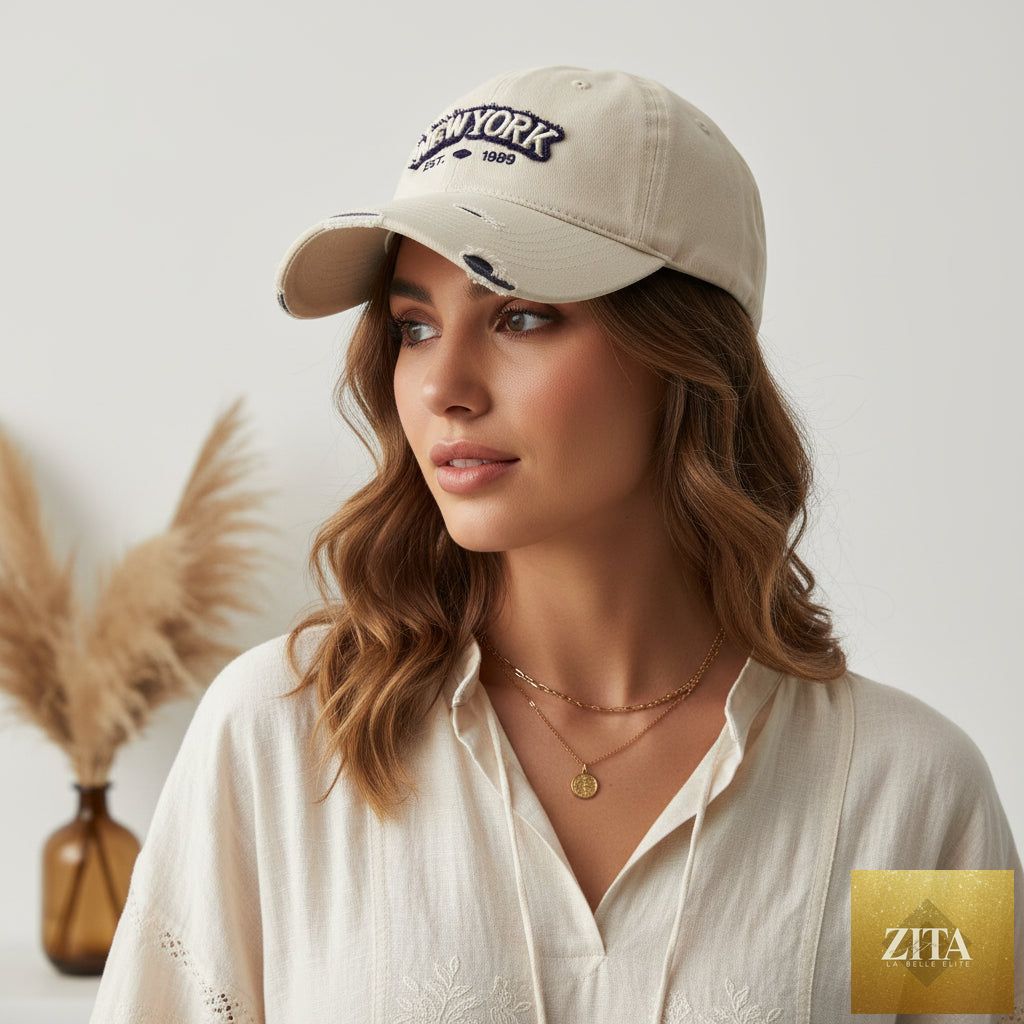 Embroidered letter denim baseball cap by FitiqueFit with a soft crown, casual hat featuring stitched letter design and adjustable fit.