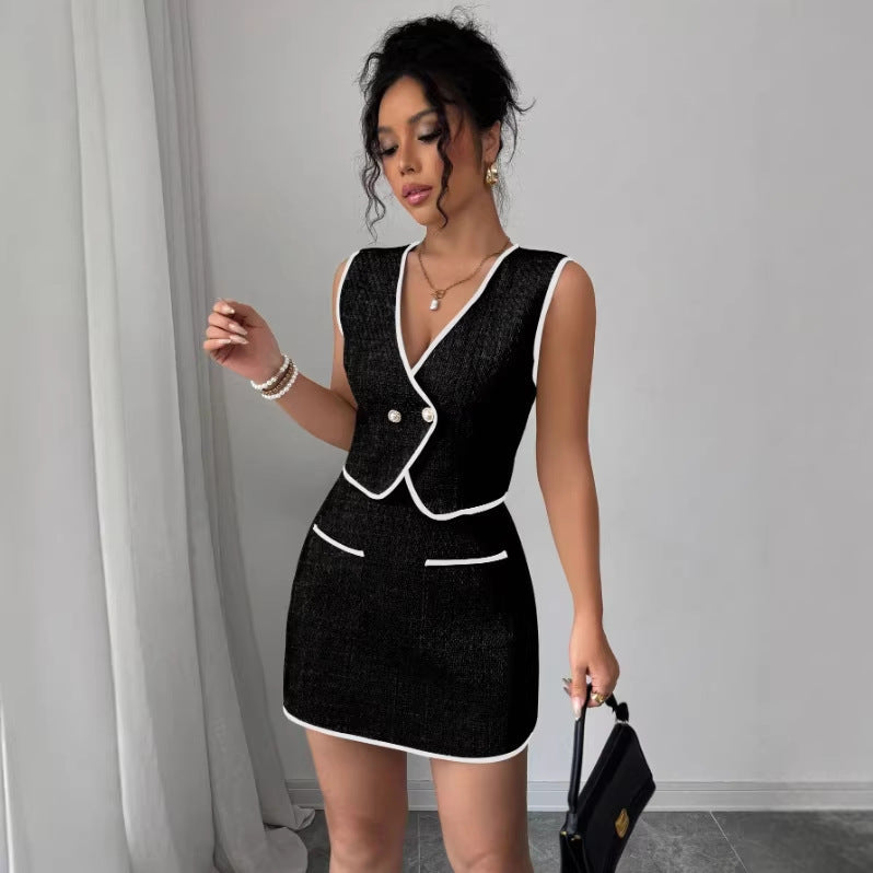 Casual FitiqueFit sleeveless irregular top with color-block pocket A-line skirt set, stylish and comfortable summer outfit.