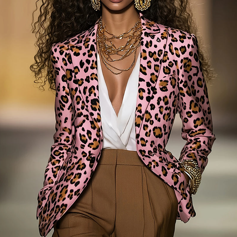 Women's pink leopard blazer by FitiqueFit, casualwear style, shown on a hanger with a tailored fit and bold animal print fabric.