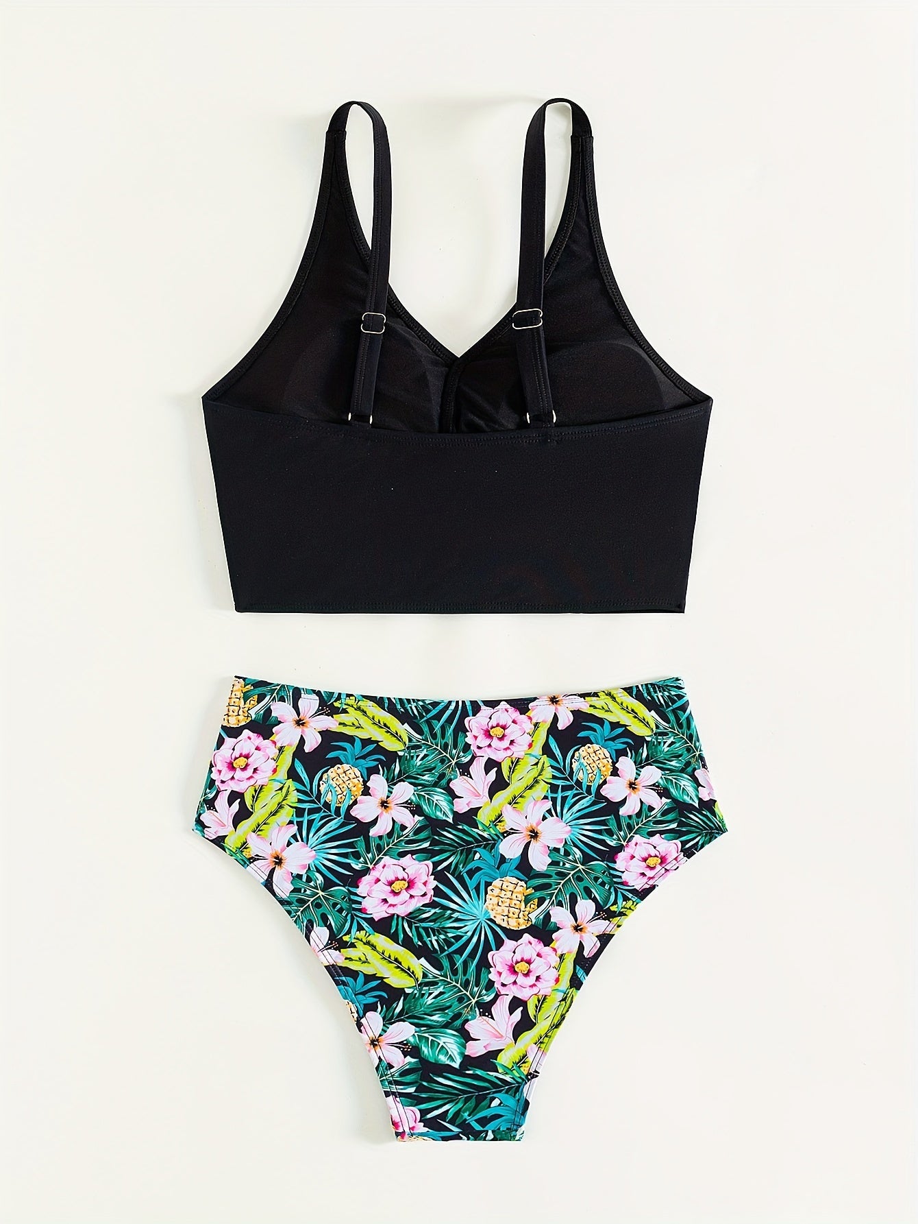 Black Stevvex bikini set with twist front, high waist, ruched tummy control, cross strap detail, quick-drying polyamide swimwear.