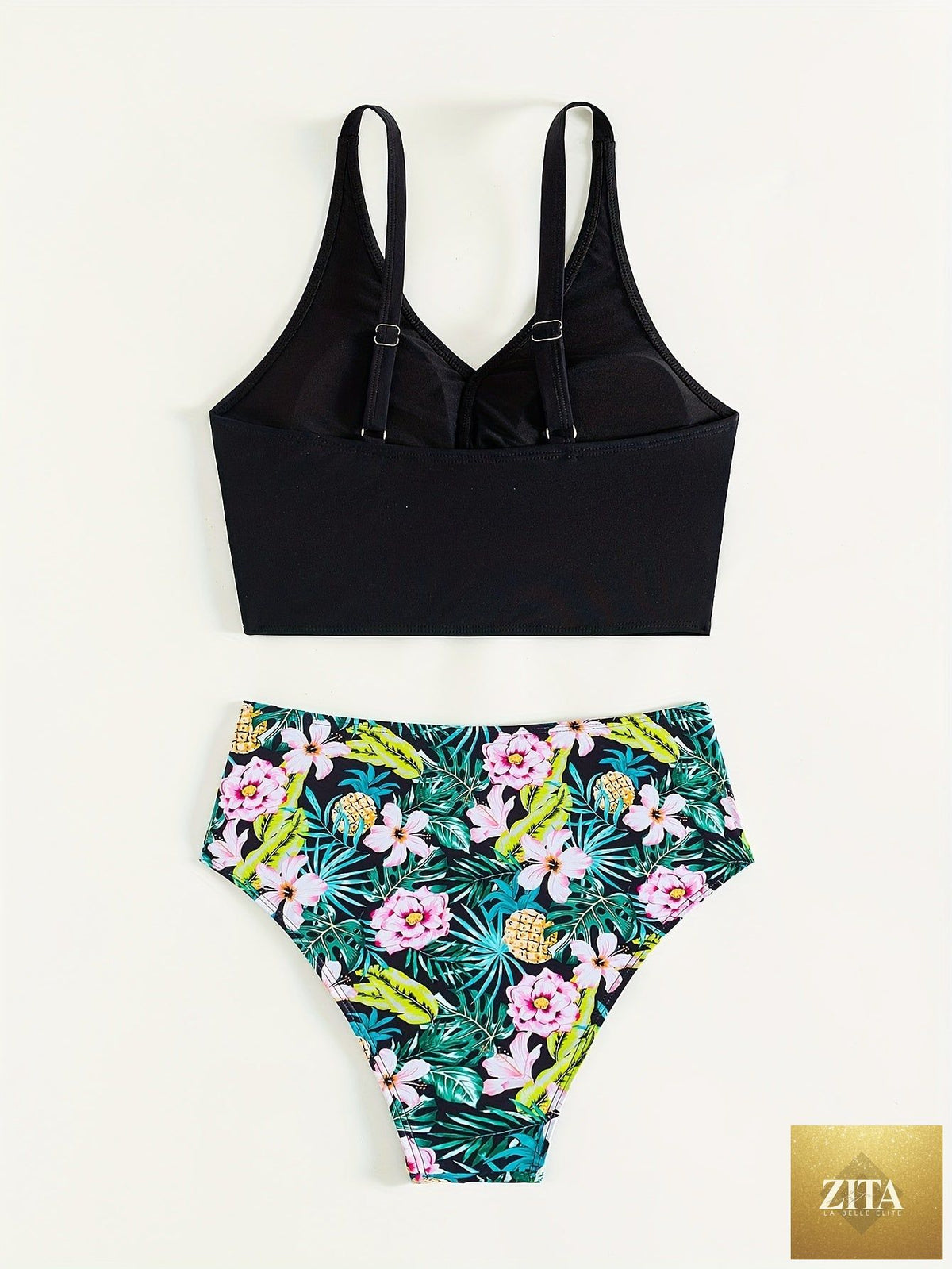 Black Stevvex bikini set with twist front, high waist, V-neck, ruched tummy control, and cross strap design for women’s summer swimwear.