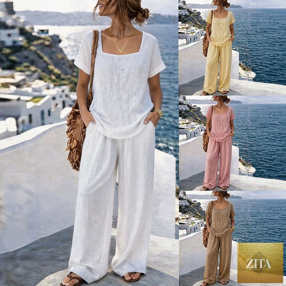Women's square-neck short-sleeve cotton blend pantsuit by Zita La Belle Elite, featuring a stylish two-piece set with tailored fit.