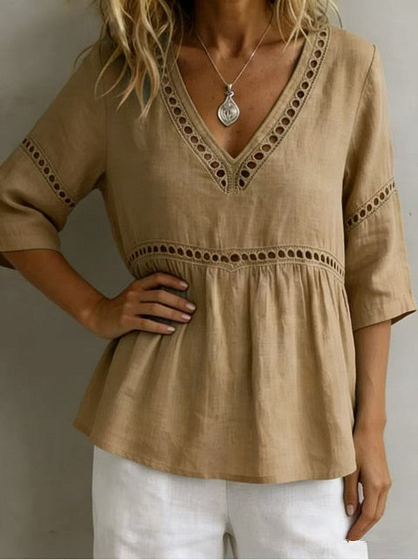 Women's V-neck hollow-out fringe cotton-linen top by FitiqueFit, featuring a casual V-neck design with fringe and open-knit details.