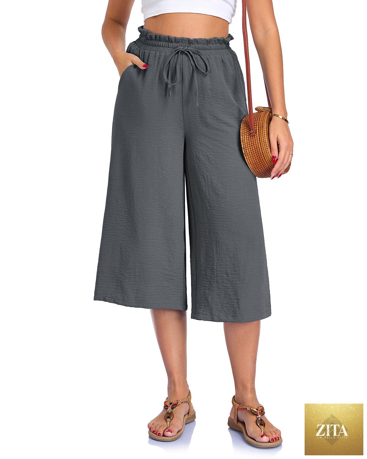 Women’s elastic cropped wide-leg pants by Zita La Belle Elite, casualwear style, shown in a relaxed fit and neutral color.